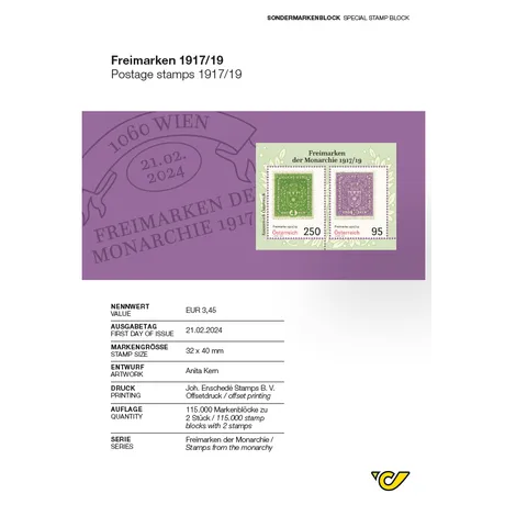 Sondermarkenblock der Österreichischen Post 'Freimarken der Monarchie 1917/19' mit zwei Marken, Ausgabe 21.02.2024.