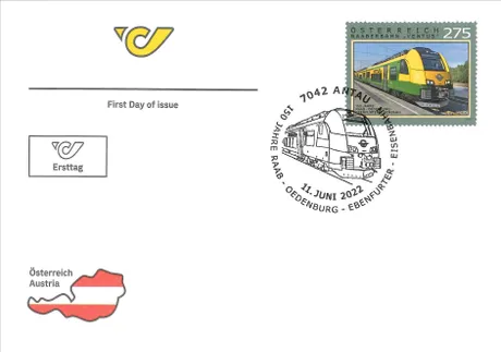 First Day Cover by Austrian Post with stamp 'Austria 2022, 2.75 Euro: Raaberbahn Ventus' and special postmark.