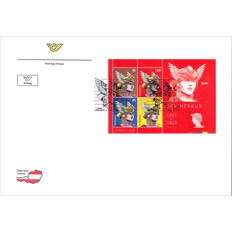 ce14e6fc53534041b56a440022061d89b9821c04.jpg First Day Cover with Austrian Post stamps 2022: 'Der Merkur' motif, 0.85€ and 1.00€ denominations, red background.