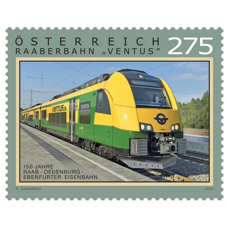 35e0bd30b83141022e2f76ad8dc83c0a6e15fd94.jpg Briefmarke Österreich 2022, Nominale 2,75 Euro: Raaberbahn 'Ventus'-Zug, 150 Jahre Raab-Oedenburg-Ebenfurter Eisenbahn.