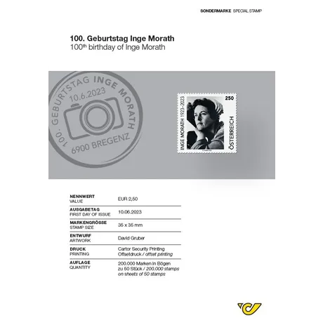 Austrian Post stamp 2023, €2.50: 100th birthday of Inge Morath, black-and-white portrait, issued 10.06.2023.