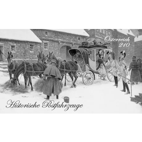 Briefmarke Österreich 2022, Nominale 2,10 Euro: Historische Postfahrzeuge mit Pferdekutsche im Winter.