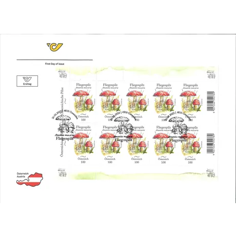 4077be2ac1d8301b158956bb582eb94c04a483c2.jpg Austrian Post stamp sheet 2022, €1.00 nominal: Fly agaric mushroom illustration, first day of issue postmark.