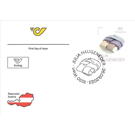 First day cover with Austrian Post stamp 2023, 0.95 Euro: folded textiles by Julia Haugeneder, Vienna postmark.