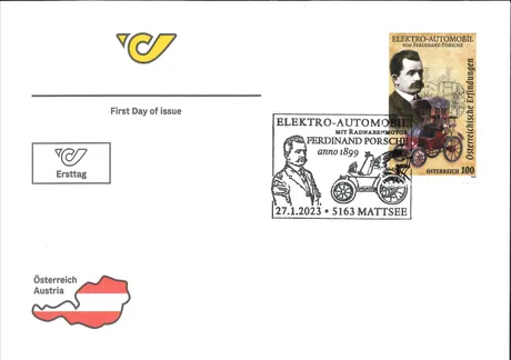 Austrian Post first day cover with 2023 stamp, €1.00, featuring Ferdinand Porsche and his 1899 electric car.