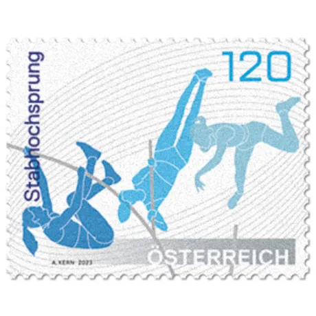 d230a6de2ff0ed024adb62bff38e7d13e95c897c.jpg Austrian stamp 2023, nominal value 1.20 euros: Pole vault motif in blue tones with dynamic athlete illustrations.