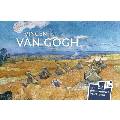 “Cover image featuring a painting by Vincent van Gogh: rural scene with figures working in a wheat field, blue sky with clouds, trees and buildings in the background. Text: ‘VINCENT VAN GOGH’ at the top, ‘mit Briefmarken & Postkarten 6x 6x’ at the bottom right.” Austrian Post set featuring Van Gogh's painting 'Harvest'. Includes 6 stamps and 6 postcards.
