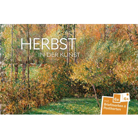 624018_PKH_HerbstidKunst_Cover Österreichische Post-Aktion 'Herbst in der Kunst' mit buntem Herbstgemälde und Angebot für Briefmarken und Postkarten.