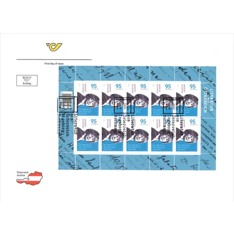 02170d62f01b6eaf5d24ce7465d4aa1d208caee5.jpg Austrian Post stamp sheet 2023, 0.95 Euro: Ingeborg Bachmann, blue background with text and portrait.