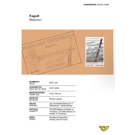 bf430b493198f76c3787b82df298f7890f9c834c.png Briefmarke Österreich 2024, Nominale 1,20 €: Fagott aus der Serie 'Musikland Österreich', Ausgabe am 25.01.2024.