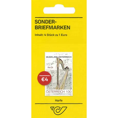 Sondermarkenset mit vier Briefmarken Harfe aus Musikland Österreich. Nominale 100, Österreich, Jahr 2025. Sondermarkenset mit vier Briefmarken Harfe aus Musikland Österreich. Nominale 100, Österreich, Jahr 2025.