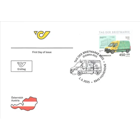 Ersttagsbrief zur Briefmarke Österreich 2025, Nominale 4,50+2,25 €: Mercedes eSprinter und Frauenmuseum Hittisau.