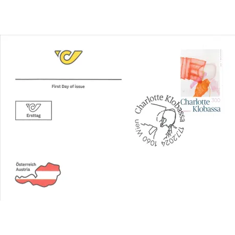 FDC_Charlotte Klobassa_0724 Ersttagsbrief mit Post-Logo, Briefmarke Charlotte Klobassa (3,00 €) und Sonderstempel aus Wien.