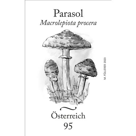 Briefmarke Österreich 2023, Nominale 0,95 Euro: Illustration von Parasolpilzen (Macrolepiota procera).
