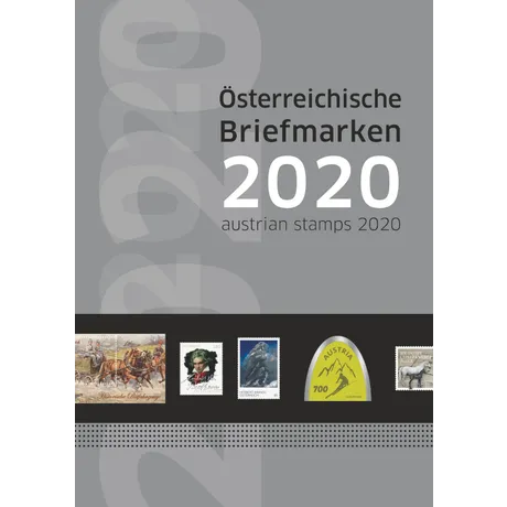 Titelbild der Briefmarkenkollektion 2020 der Österreichischen Post mit historischen und künstlerischen Motiven.