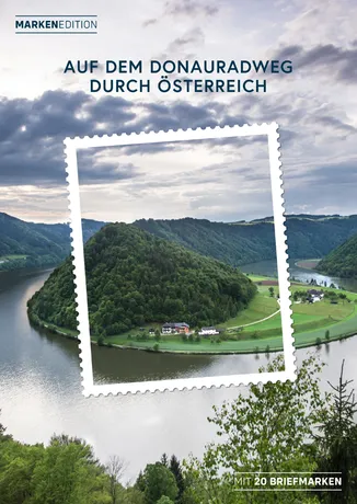 Austrian Post stamp edition 'On the Danube Cycle Path through Austria' with 20 stamps, featuring a river bend landscape.