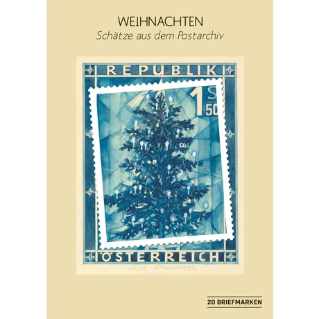 Cover der Weihnachtsedition Schätze aus dem Postarchiv zeigt historische Briefmarke mit blauem Christbaum Motiv von Hans Strohofer elegante Gestaltung auf beigem Hintergrund Hinweis 20 Briefmarken unten
