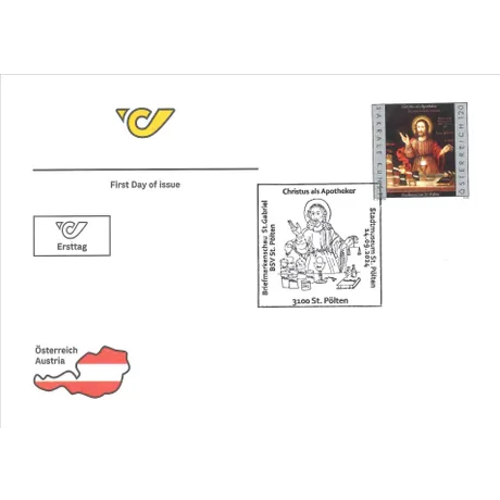 First Day Cover with Austrian Post stamp 'Austria 2024, Nominal 1.20 Euro: Christus as Apothecary' and special postmark.