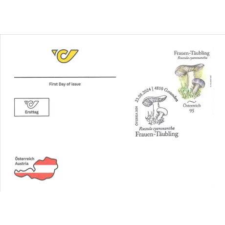 FDC_Frauen-Täubling_0824 First day cover with Austrian Post stamp 2024, 0.95 Euro: Russula cyanoxantha mushroom, Frauen-Täubling.