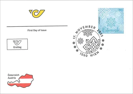 6819dbc8311c944f9c3aec8b0254e69831e7aeb4.png Ersttagsbrief der Österreichischen Post mit Briefmarke 2023 Schneeflocke (3,85 €) und Stempel vom 17. November 2023, Wien.
