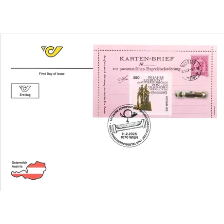 Ersttagsbrief: Österreichische Post 2025, 150 Jahre Rohrpost, rosa Karte mit Briefmarke und Sonderstempel.