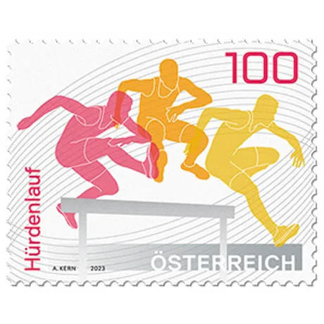 097863e75f570a6952ad482519f6e0fa36f9a6db.jpg Briefmarke Österreich 2023, Nominale 1,00 Euro: Hürdenlauf mit bunten Athleten in Bewegung, Österreich-Schriftzug sichtbar.