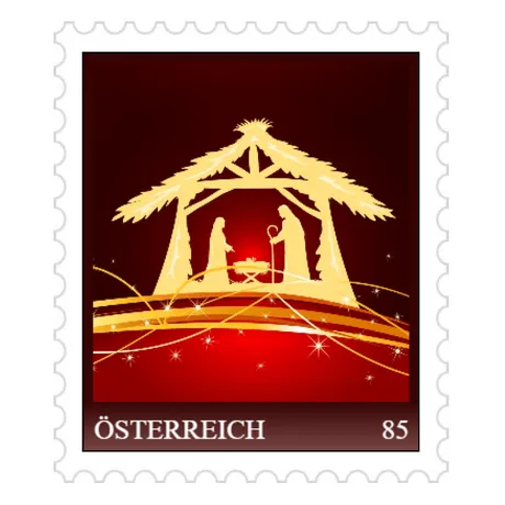 39d5d2611432270cf76595d6355ab0e1879edba8.png Briefmarke Österreich 85 Cent, Krippenszene mit Maria, Josef und Jesuskind im Stall, roter Hintergrund.