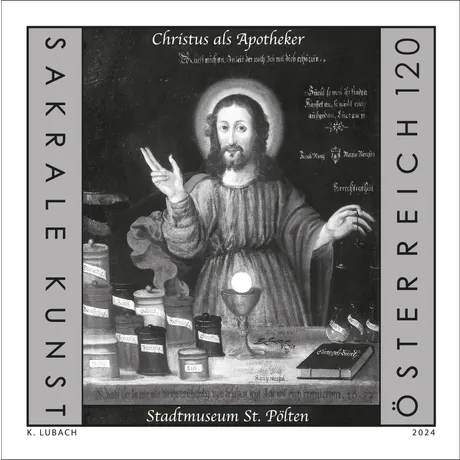 Austrian stamp 2024, €1.20: 'Christ as Apothecary' painting from St. Pölten City Museum, part of 'Sacred Art' series.