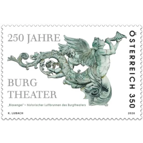 Briefmarke zum 250‑jährigen Jubiläum des Burgtheaters, mit der Abbildung eines historischen bronzenen Bläser‑Engels vom Luftbrunnen des Burgtheaters.