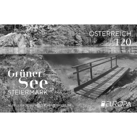 7224200 Briefmarke Österreich 2024, Nominale 1,20 Euro: Grüner See, Steiermark, Unterwasseransicht mit Holzbrücke.