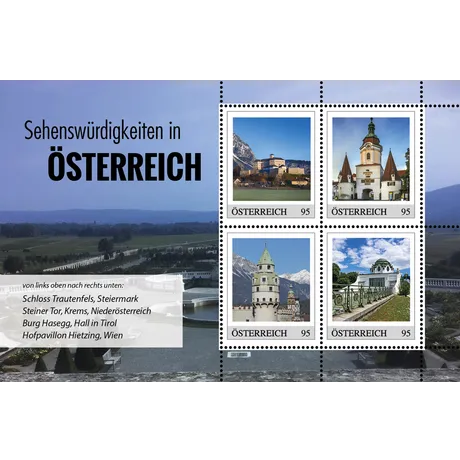 Briefmarkenblock Österreich 2023, Nominale 0,95 €: Sehenswürdigkeiten - Schloss Trautenfels, Steiner Tor, Burg Hasegg, Hofpavillon Hietzing.