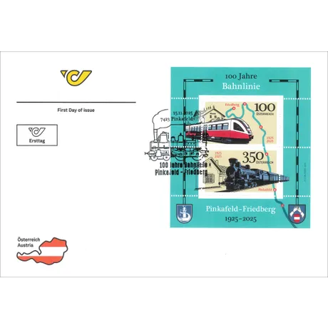 Ersttagsbrief zur Ausgabe „100 Jahre Bahnlinie Pinkafeld–Friedberg“. Der Briefmarkenblock zeigt zwei Motive: oben ein moderner Zug vor dem Bahnhof Friedberg mit Nominale 100, unten eine historische Dampflokomotive vor dem Bahnhof Pinkafeld mit Nominale 350. Gesamtnominale 4,50. Österreich, Jahr 2025.