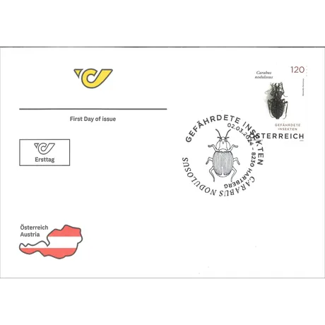 FDC_Käfer_0324 Austrian Post first day cover with 2024 stamp 'Austria 1.20€: Endangered Insects - Carabus nodulosus' and special postmark.