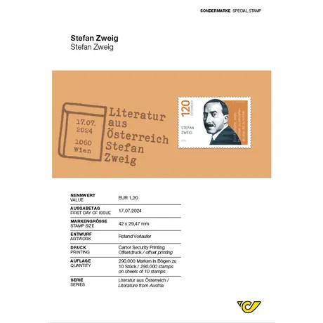 Briefmarke Österreich 2024, Nominale 1,20 €: Porträt Stefan Zweig, Serie 'Literatur aus Österreich', Ausgabe 17.07.2024.