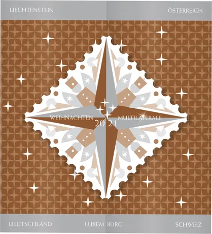 Austrian Post 2021 Christmas stamp: Multilateral design with star motif, featuring Austria and neighboring countries.