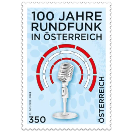 224360-100-Jahre-Rundfunk-ONLINESHOP Briefmarke Österreich 2024, Nominale 3,50 Euro: 100 Jahre Rundfunk in Österreich, mit Mikrofon-Design.