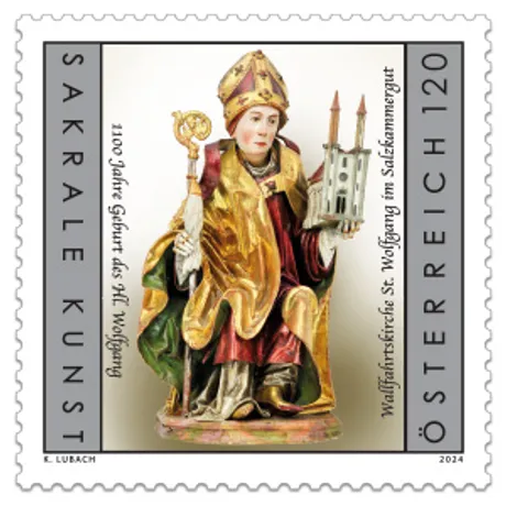 224160 Briefmarke Österreich 2024, Nominale 1,20 Euro: Statue des Hl. Wolfgang, 1100 Jahre Geburt, Thema Sakrale Kunst.