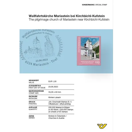 66af2f6243ac34345fa835bd3319b52afd22a0eb.jpg Briefmarke Österreich 2023, Nominale 1,00 €: Wallfahrtskirche Mariastein bei Kirchbichl-Kufstein, Serie 'Kirchen in Österreich'.