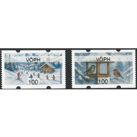 ATM stamps with winter motifs skiers in front of mountain hut and cable car and blue tit and robin at feeding house snowy scenery nominal 100 Austria year 2025