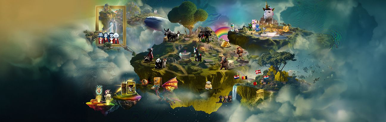 Fantasy-Illustration der Österreichischen Post mit schwebenden Inseln, Tieren, Flaggen und kulturellen Symbolen im mystischen Himmel.