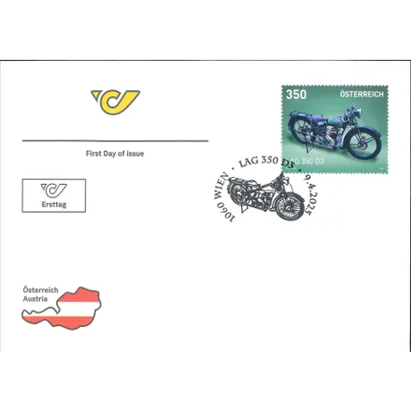FDC_LAG 350 D3_0425 Ersttagsbrief mit Briefmarke Österreich 2023, Nominale 3,50 Euro: Motorrad LAG 350 D3, Stempel 9.4.2023, Wien.