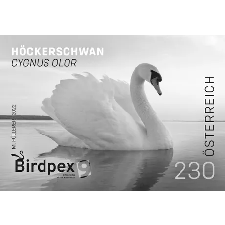 Austrian stamp 2022, nominal value 2.30 euros: Mute Swan (Cygnus olor) on a lake, Birdpex 9, Gmunden.