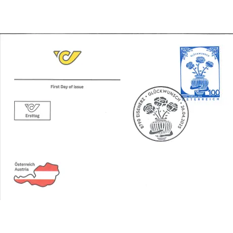 First day cover with Austrian Post logo, Austria map, and 2025 stamp 'Glückwunsch' (100 Euro) featuring flowers.