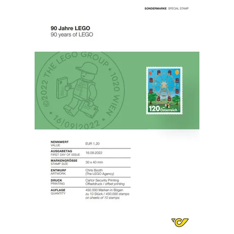 051c63ae84c9fc4d02c46169d3b86eb2274f267d.jpg Austrian Post stamp 2022, €1.20: 90 years of LEGO, featuring a LEGO Ferris wheel on a green background.