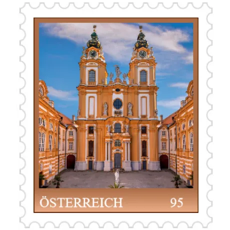 Briefmarke Österreich 2023, Nominale 0,95 Euro: Stift Melk mit barocker Architektur unter blauem Himmel.