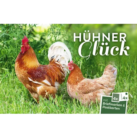 Österreichische Post-Set 'Hühner Glück' mit 4 Briefmarken und 4 Postkarten, zeigt Hahn und Henne auf grüner Wiese.