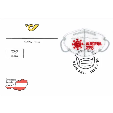 Austrian Post first day cover with FFP2 mask stamp, Austria 275, and COVID-19 design, issued 16.09.2021.
