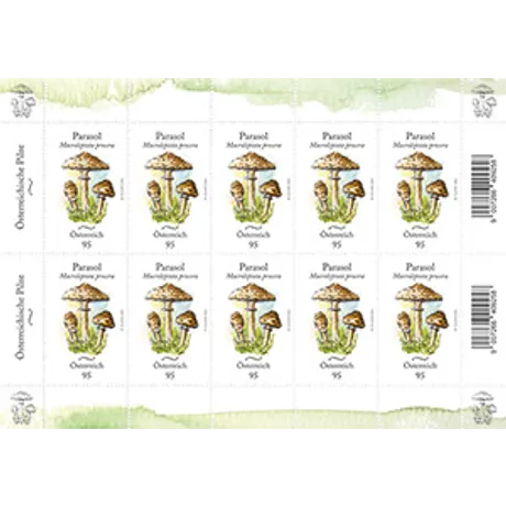 a8f34bd9bf2f51cc12d474a1c90a91a81c8c7527.jpg Briefmarkenbogen der Österreichischen Post 2023, Nominale 0,95€, mit Illustration von Parasolpilzen.