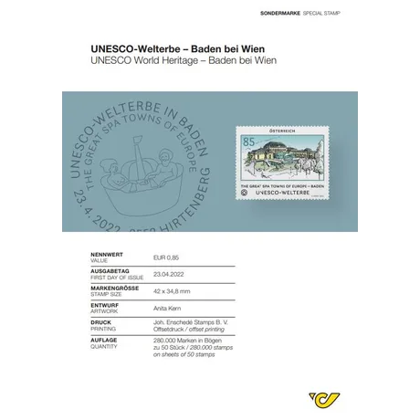 Briefmarke Österreich 2022, Nominale 0,85 €: UNESCO-Welterbe - Baden bei Wien, mit Motiv einer Kurstadt.