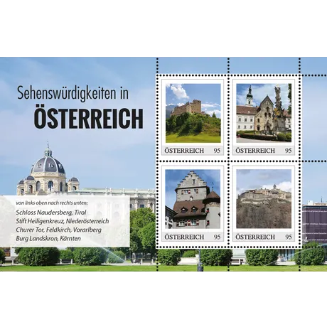 100125661_1_Jaenner_ME4_SW_MB1_fW_shop Austrian Post 2023 stamp series 'Sights in Austria', €0.95 each: Naudersberg Castle, Heiligenkreuz Abbey, Chur Gate, Landskron Castle.